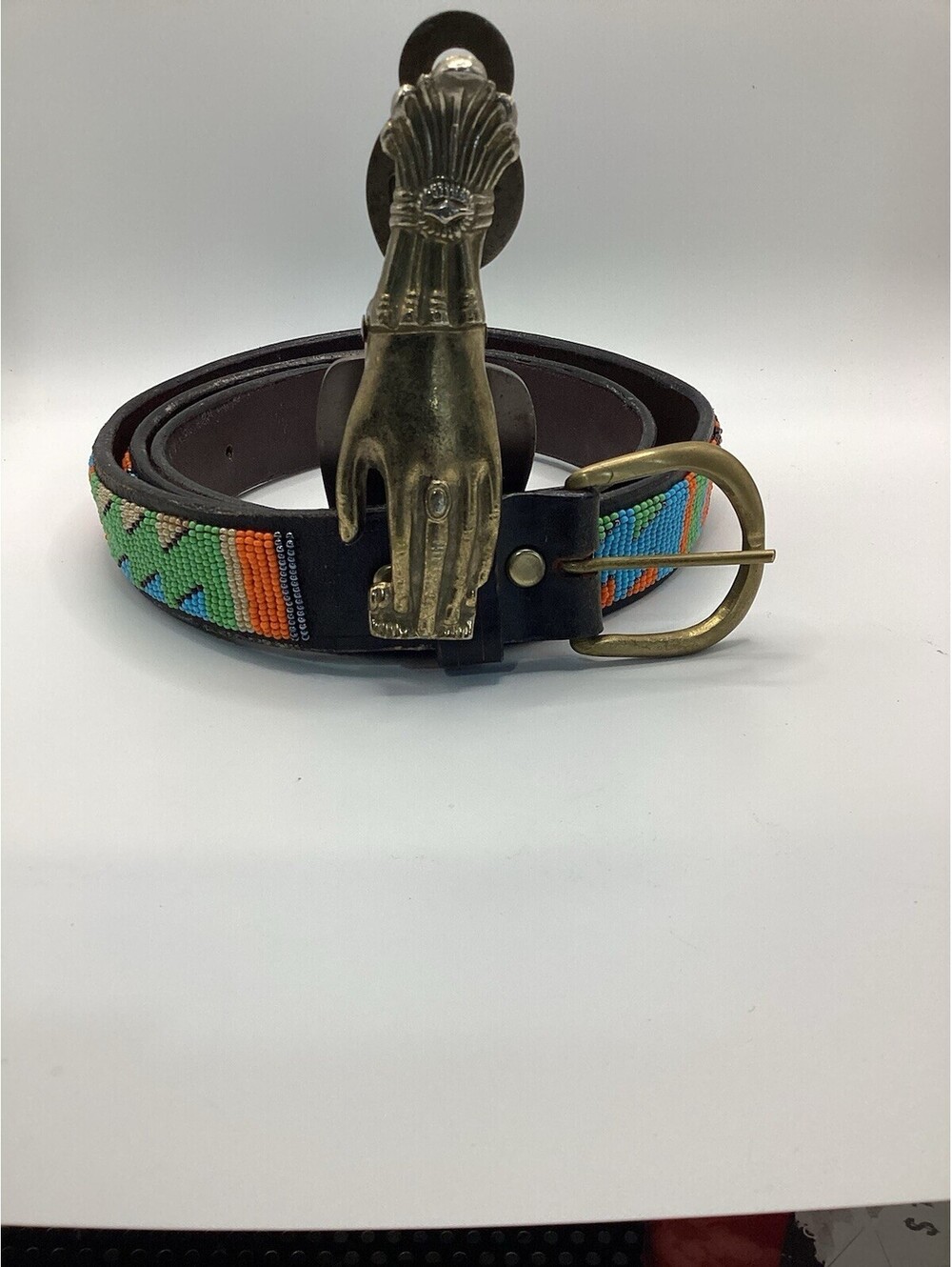 UNISEX BoHo Hand Beaded Maasai Leather Belt with Silver Tone Buckle 44_46